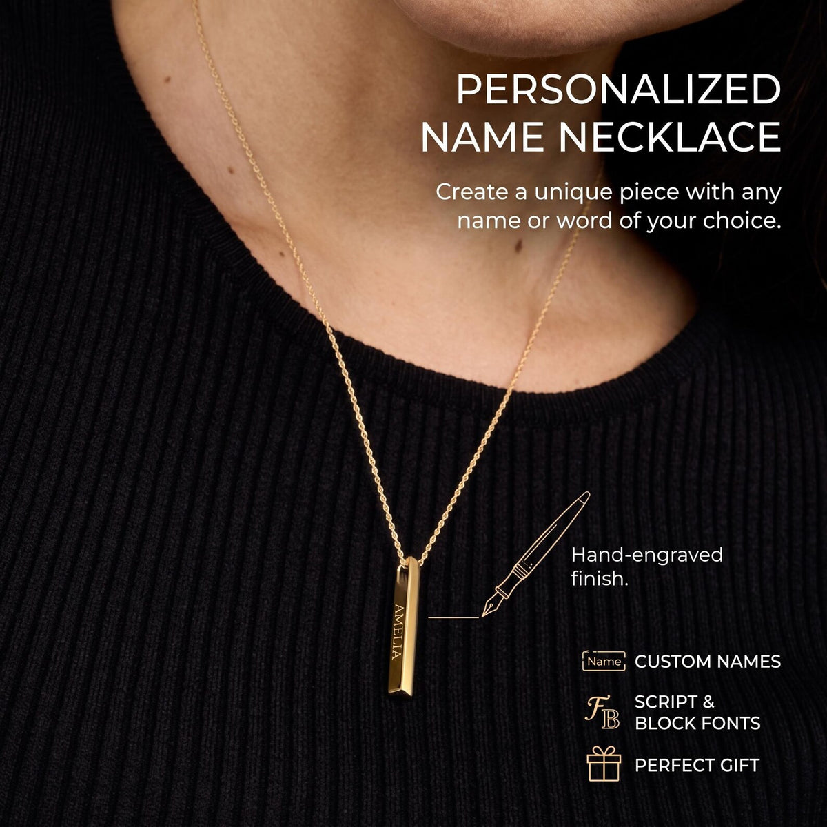 Collier personnalisé barre verticale prénom | Pendentif gravé en acier inoxydable